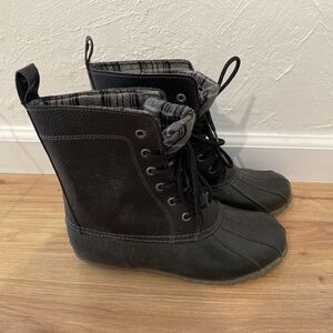 SPORTO Black Duck Boots SIZE‎ 9 M Winter RAIN SNOW Galoshes Plaid Top Dede Women